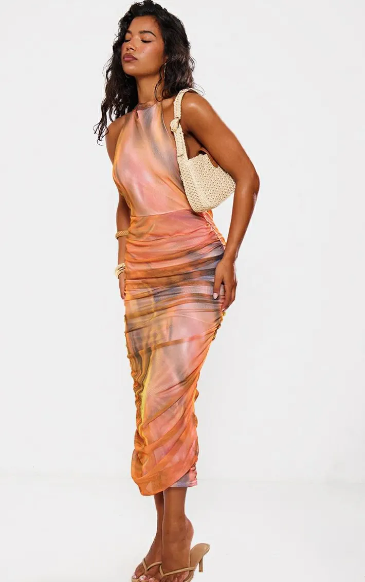 Burnt Orange Mesh Halterneck Ruched Maxi Dress
