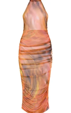 Burnt Orange Mesh Halterneck Ruched Maxi Dress