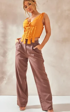 Burnt Orange Woven Lace Up Fray Detail Corset