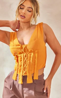 Burnt Orange Woven Lace Up Fray Detail Corset