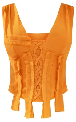 Burnt Orange Woven Lace Up Fray Detail Corset
