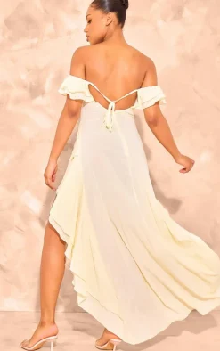 Butter Cream Bardot Ruffle Detail Midi Dress