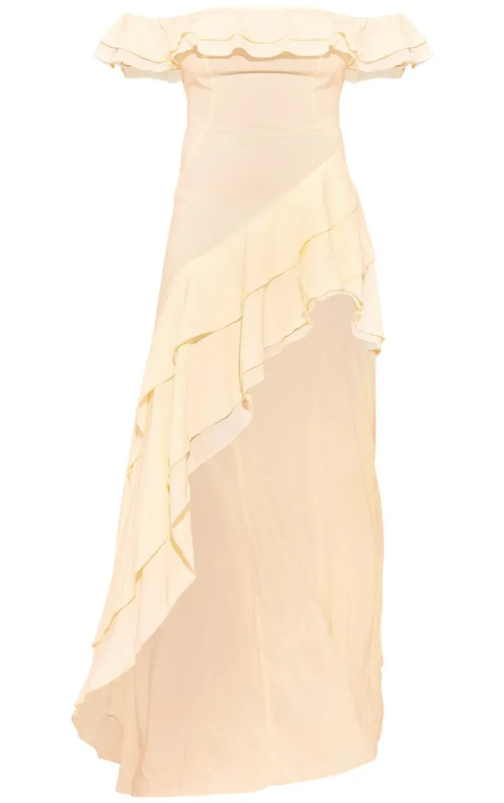 Butter Cream Bardot Ruffle Detail Midi Dress