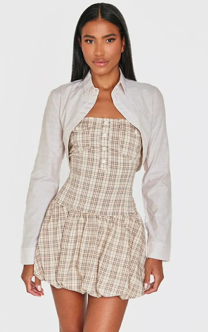Butter Cream Contrast Pattern Shirt Detail Puffball Dress