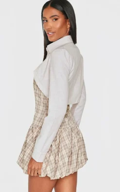 Butter Cream Contrast Pattern Shirt Detail Puffball Dress