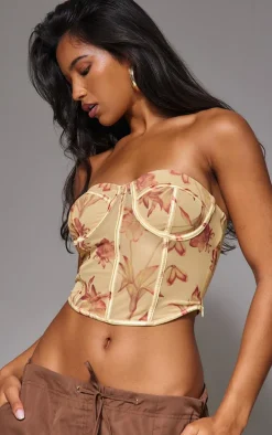 Butter Cream Mesh Boned Printed Long Corset