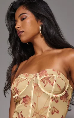 Butter Cream Mesh Boned Printed Long Corset