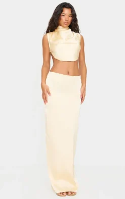 Butter Cream Satin Mid Rise Maxi Skirt
