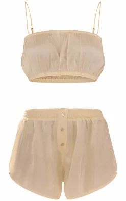 Butter Cream Satin Ruched Bralet And Short PJ Set