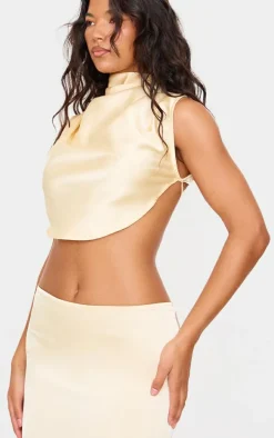 Butter Cream Satin Tie Side High Neck Cowl Crop Top