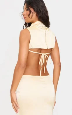 Butter Cream Satin Tie Side High Neck Cowl Crop Top