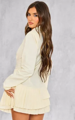 Butter Cream Tailored Woven Pleated Belt Blazer Dress