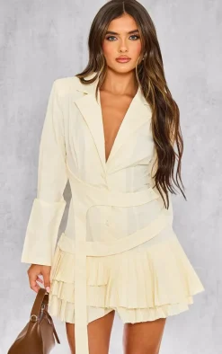 Butter Cream Tailored Woven Pleated Belt Blazer Dress