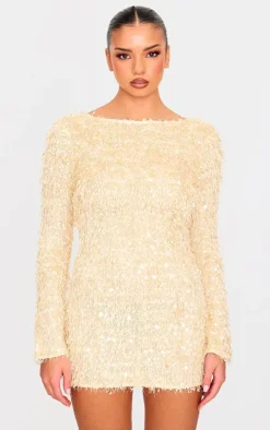 Butter Cream Textured Eyelash Long Sleeve Cowl Back Bodycon Dress