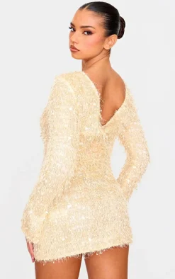 Butter Cream Textured Eyelash Long Sleeve Cowl Back Bodycon Dress