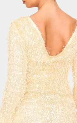 Butter Cream Textured Eyelash Long Sleeve Cowl Back Bodycon Dress