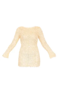 Butter Cream Textured Eyelash Long Sleeve Cowl Back Bodycon Dress