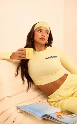 Butter Yellow PLT Studio Archive Puff Print Cotton Long Sleeve Crop Top