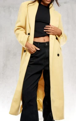 Butter Yellow Shoulder Padded Double Breasted Brushed Faux Wool Coat