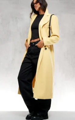 Butter Yellow Shoulder Padded Double Breasted Brushed Faux Wool Coat