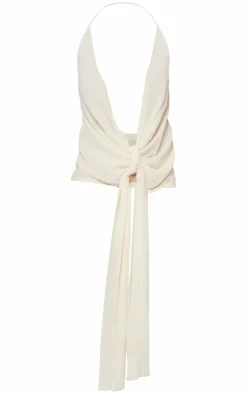 Buttercream Chiffon Draped Tie Detail Halter Neck Long Top