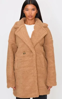 Camel Borg Lapel Drop Arm Midi Coat