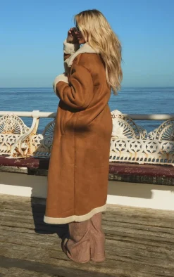 Camel Borg Lined Faux Suede Double Breasted Coat