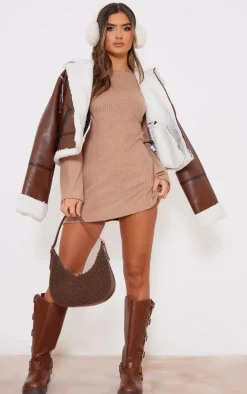 Camel Brushed Rib Flared Sleeve Shift Dress