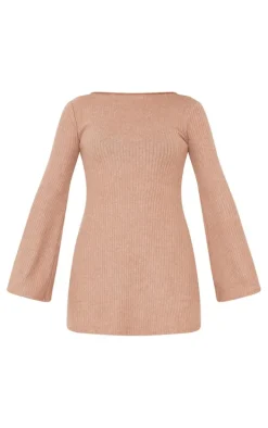 Camel Brushed Rib Flared Sleeve Shift Dress