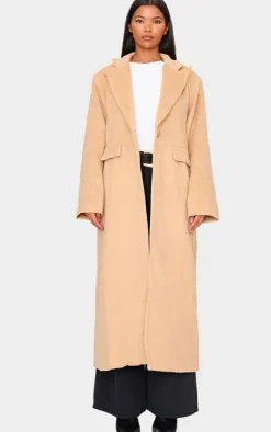 Camel Brushed Wool Look Oversized Drop Shoulder Coat