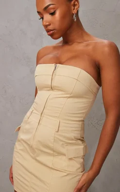Camel Cargo Pocket Zip Up Bandeau Bodycon Dress