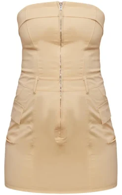 Camel Cargo Pocket Zip Up Bandeau Bodycon Dress