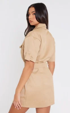 Camel Cargo Shirt Sleeve Belted Shirt Dress