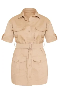 Camel Cargo Shirt Sleeve Belted Shirt Dress