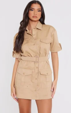 Camel Cargo Shirt Sleeve Belted Shirt Dress