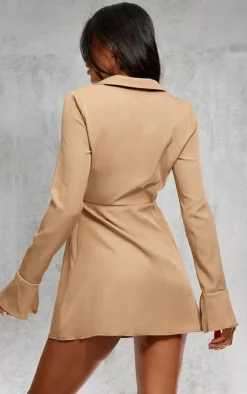 Camel Collar Detail Cut Out Flare Sleeve Shift Dress