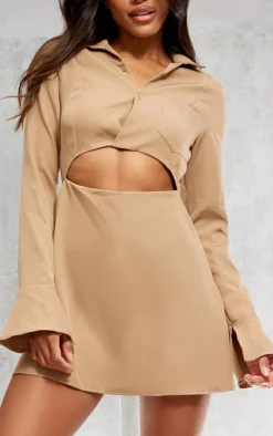 Camel Collar Detail Cut Out Flare Sleeve Shift Dress