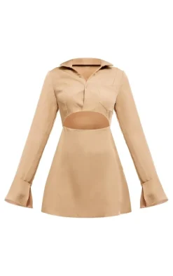 Camel Collar Detail Cut Out Flare Sleeve Shift Dress