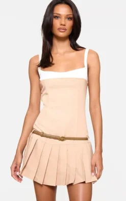 Camel Contrast Bust Detail Pleated Skirt Bodycon Dress