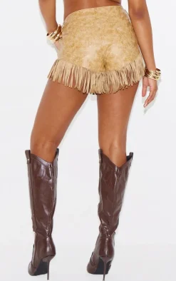 Camel Cracked Faux Leather Fringe Hem Hot Pants