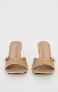 Camel Croc PU Square Toe Gold Buckle High Stiletto Heeled Mules