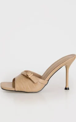 Camel Croc PU Square Toe Gold Buckle High Stiletto Heeled Mules