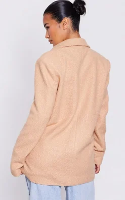 Camel Double Breasted Boucle Borg Blazer