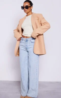 Camel Double Breasted Boucle Borg Blazer