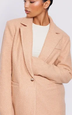 Camel Double Breasted Boucle Borg Blazer