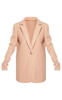 Camel Double Breasted Boucle Borg Blazer