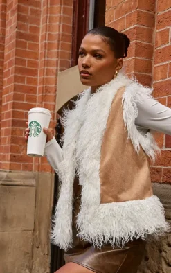 Camel Faux Fur Trim Faux Suede Vest