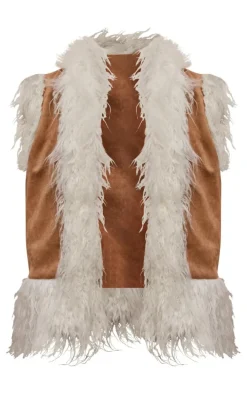 Camel Faux Fur Trim Faux Suede Vest
