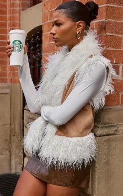 Camel Faux Fur Trim Faux Suede Vest