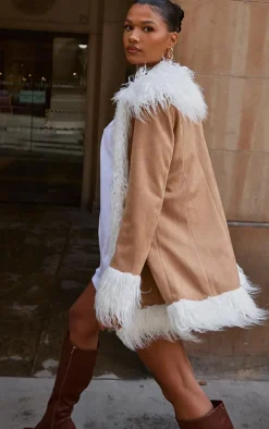 Camel Faux Fur Trim Faux Suede Coat